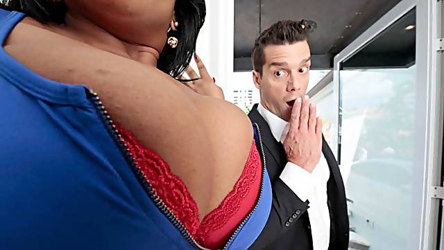 Stunning busty ebony BBW Dominique Marley jumps on a big dick