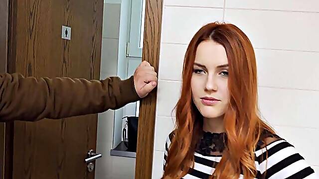 HUNT4K. Belle with red hair fucked by stranger in toilet in front of boyfriend