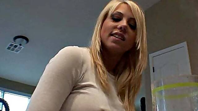 Busty blonde is felt up and her erect nipples licked