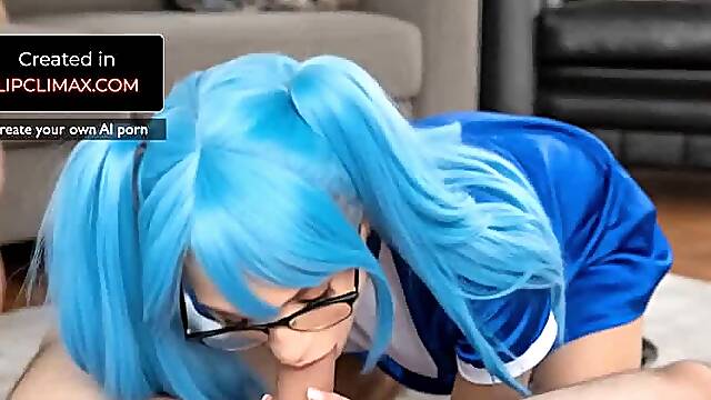 Fat Nerd using Glasses that lives in Basement Fucks Blue Hair Cosplay Geek Girl - Blowjob and Cowgirl position POV - AI Generated
