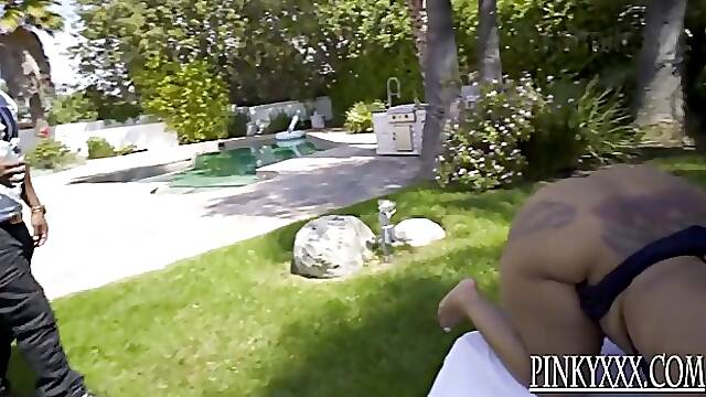 Large ass black BBW MILF Monroe Sweets sucks and rides BBC outdoors