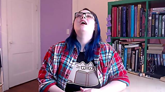 Amateur chubby girl with blue hair and glasses gets dominated by a large