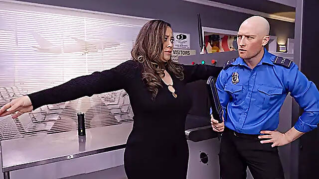 Airport security turns into a wild anal and double penetration session with a busty brunette