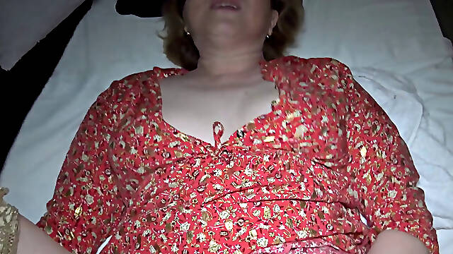 Masked old BBW blonde in stockings fingers pussy and sucks cock