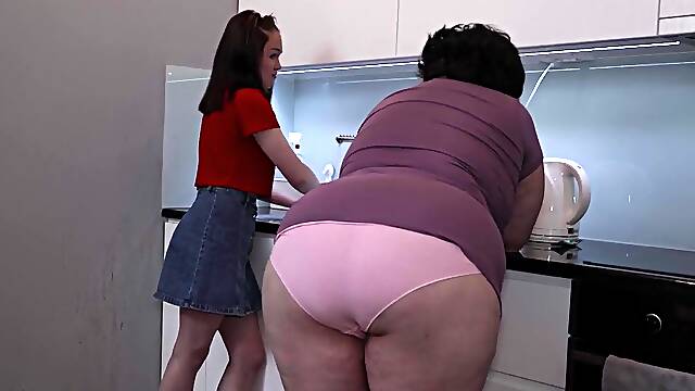 Lesbian threesome on the sofa with a BBW - Edina and Maya