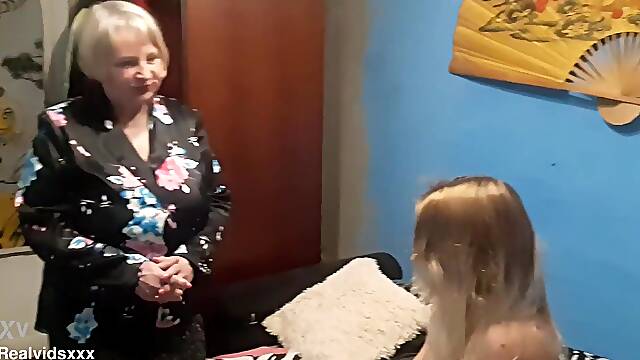 A breasty granny invites a curvy next-door hotty for a worthy, lesbo evening