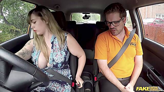 Fake Driving School - British woman with a large butt and large tits bangs driving instructor