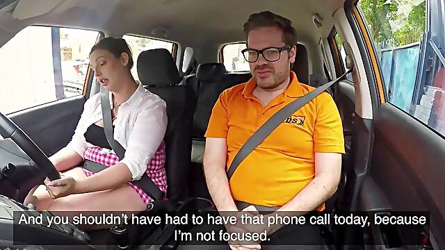 Fake Driving School UK big beautiful woman student with massive white butt and swinging natural melons