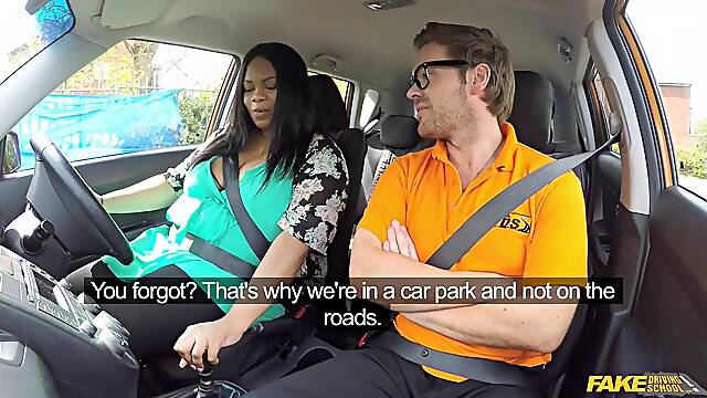 Fake Driving School - Black big beautiful woman takes off her LARGE PANTS and has sex in a car