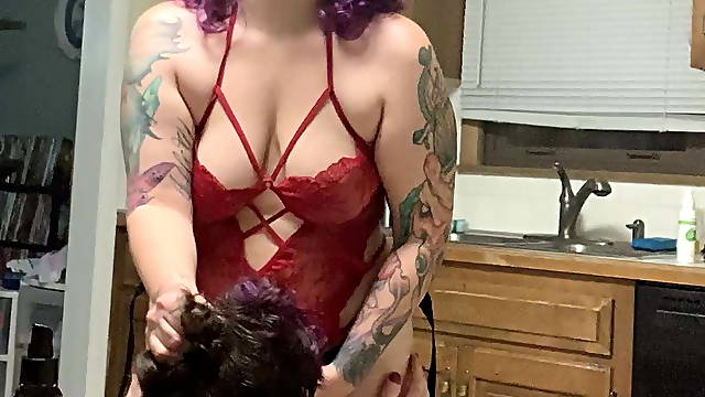 MrsDommeRee gets her sub to suck her strap on cock