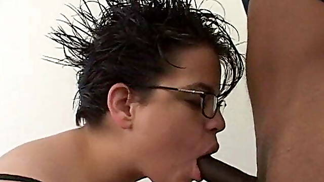 Chuby short haired schoolgirl with glasses gets black cock