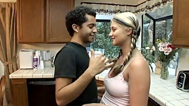 Teen babysitter playing with herself while dude fucking her ass in the kitchen