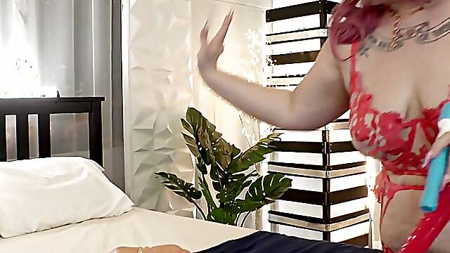 Pink Haired Plumper Babe West Gorges Herself on a Big Rubber Cock