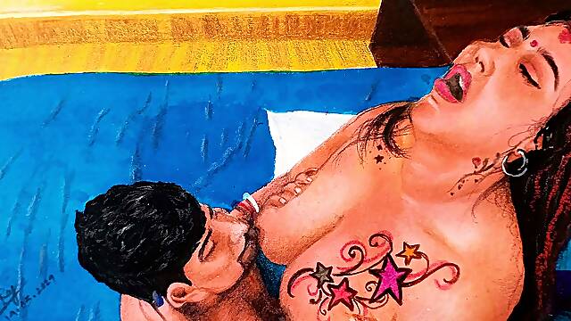 Erotic art or drawing of sexy Indian woman fucking her husband