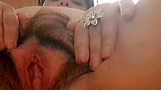 Milf masturbates her small clit and fat hairy pussy