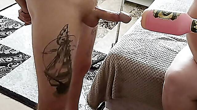 Stepson masturbates dick with a sex machine and cums