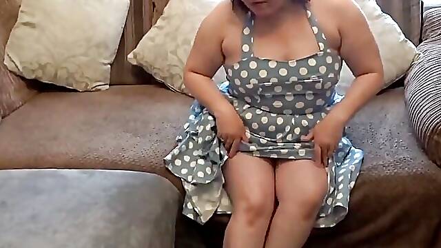 Sexy Big Boobs Wife Playing with Dildo in Blue Summer Dress