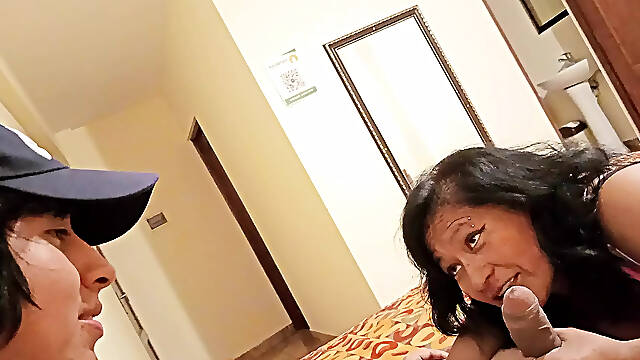 Look how my mother-in-law loves to play with my cock, she says its much better than her husbands