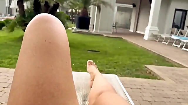 Horny Mature MILF with Big Tits and Sexy Legs Show Her Pussy and Her Sexy Ass Outdoor at the Pool