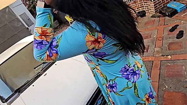 Balbina fantasy cranking on pantyhose and sexy blue heels in the old chevette