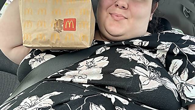 Big Fast Food Breakfast in My Car, Pulling My Tits and Belly Out