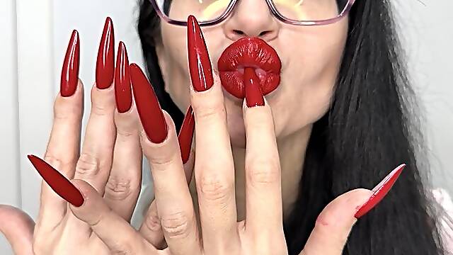 Long RED nails, fingers sucking, red lips and HOT handjobs