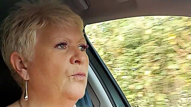 My second trip out in the car this morning, in that skimpy little pink net dress, stockings and suspenders, with my tits out, no