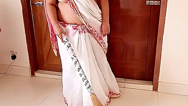 Arab Ethnicity maid in a white saree gets Rough fucked by the owner while the sweeping room