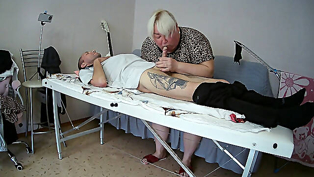 Mother-in-law Sucks and Jerks off My Dick on the Massage Table and Swallows Cum