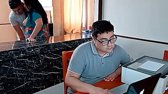 My Cuckold Husband Works While My Stepson Fucks Me in the Kitchen No