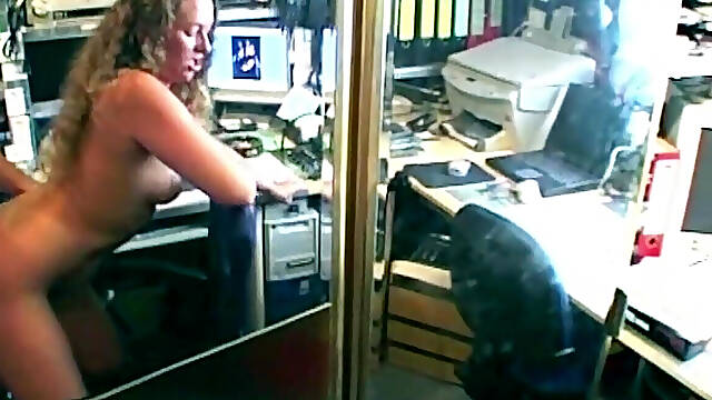 Curly Brunette Rides Hard on Office Chair
